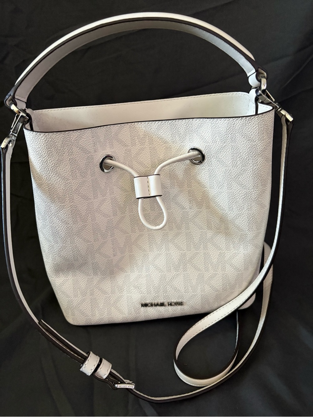 Michael Kors White Logo Drawstring Bucket Shoulder Bag